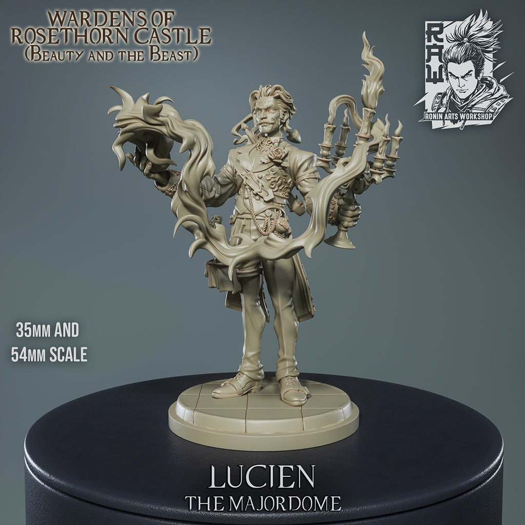 Lucien majordomo miniature front view holding enchanted flame and candelabra, noble human male NPC in formal coat for fantasy tabletop RPGs