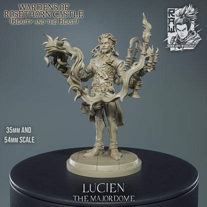 Lucien majordomo miniature front view holding enchanted flame and candelabra, noble human male NPC in formal coat for fantasy tabletop RPGs