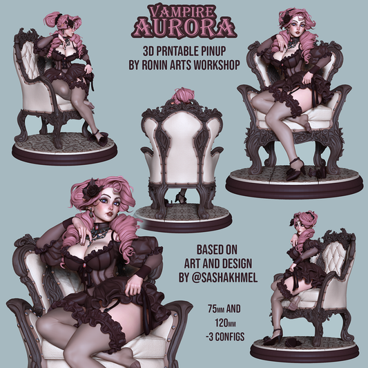 Vampire Aurora pinup collectible shown in multiple views and configurations, seated female vampire character on ornate chair base, gothic fantasy pinup figure