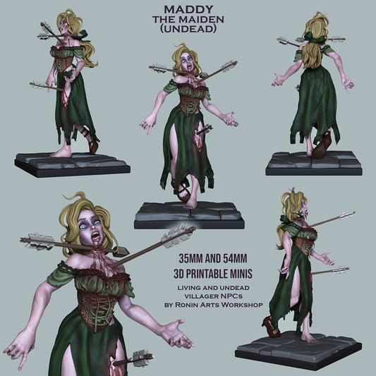 Maiden Maddy undead NPC miniature shown from multiple angles, zombie maiden with arrows embedded in torso and neck, damaged clothing, horror fantasy villager character