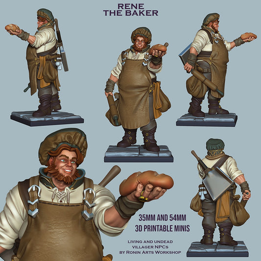 Rene the Baker human NPC miniature shown from multiple angles, baker villager carrying bread and rolling pin, detailed apron and gear, fantasy roleplaying character