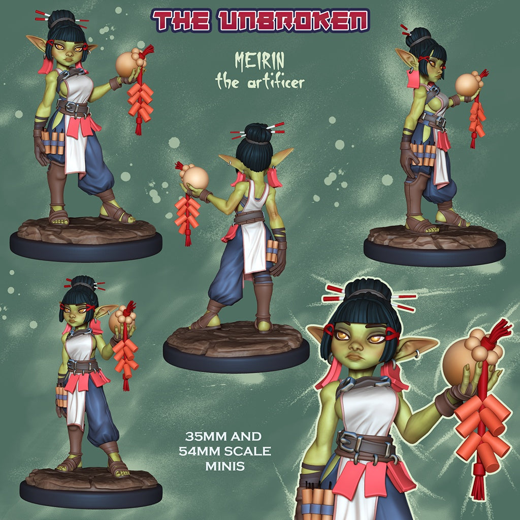 Meirin the Artificer goblin artificer resin tabletop miniature holding explosive charms with fantasy RPG adventurer outfit and sandals
