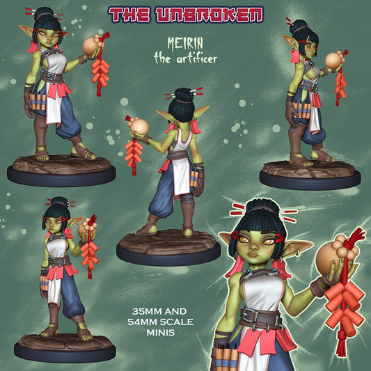 Meirin the Artificer goblin artificer resin tabletop miniature holding explosive charms with fantasy RPG adventurer outfit and sandals