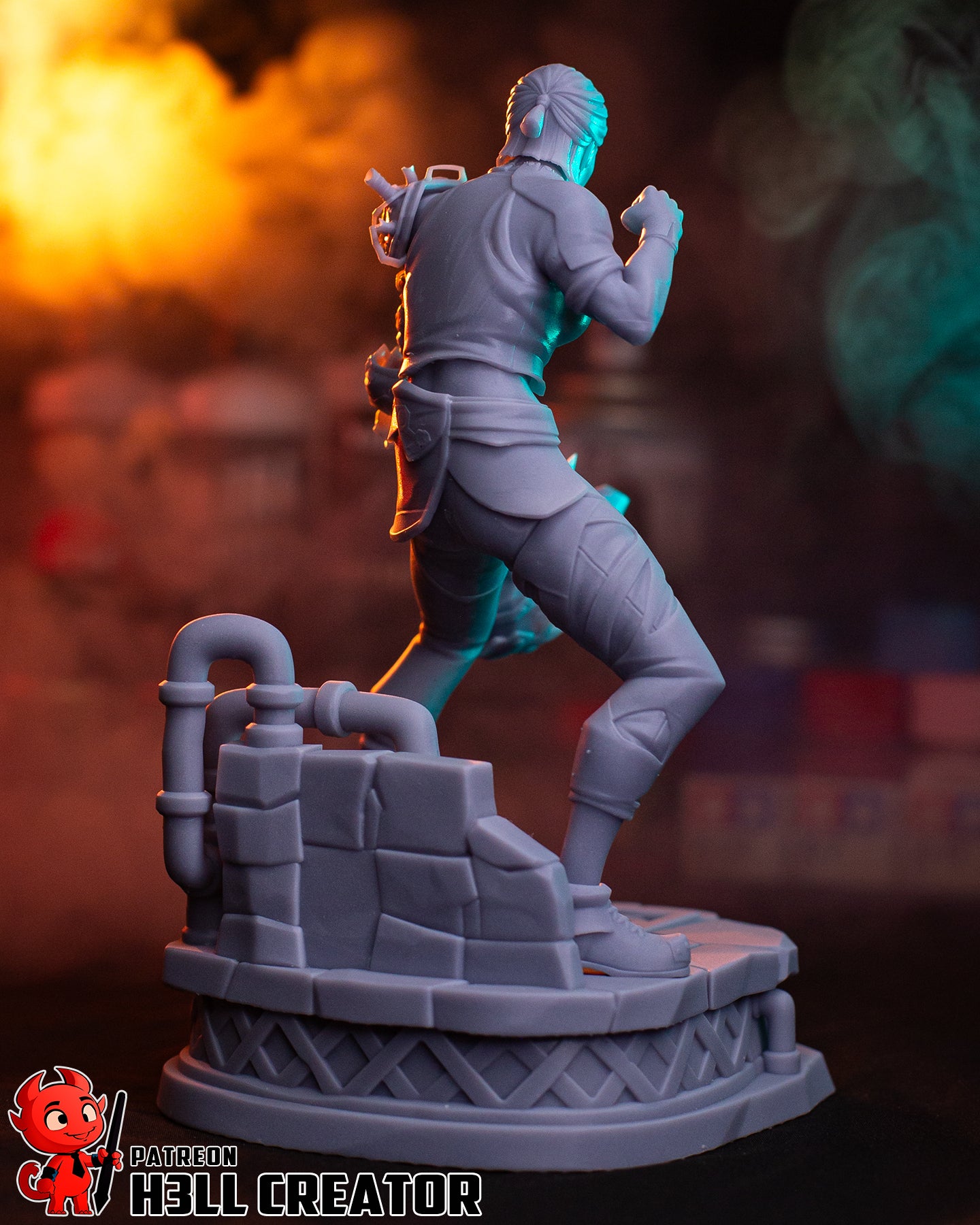 Sevika back view – Arcane collectible figure in 1:8 scale showing Sevika’s stance and mechanical arm from behind on a detailed base.