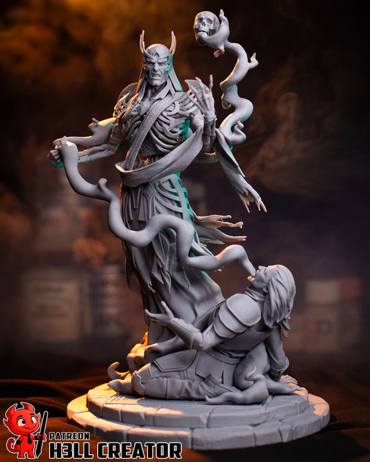 Vecna full figure 1:8 scale – lich lord standing over a fallen armored victim, skeletal hand raised in dark spellcasting.