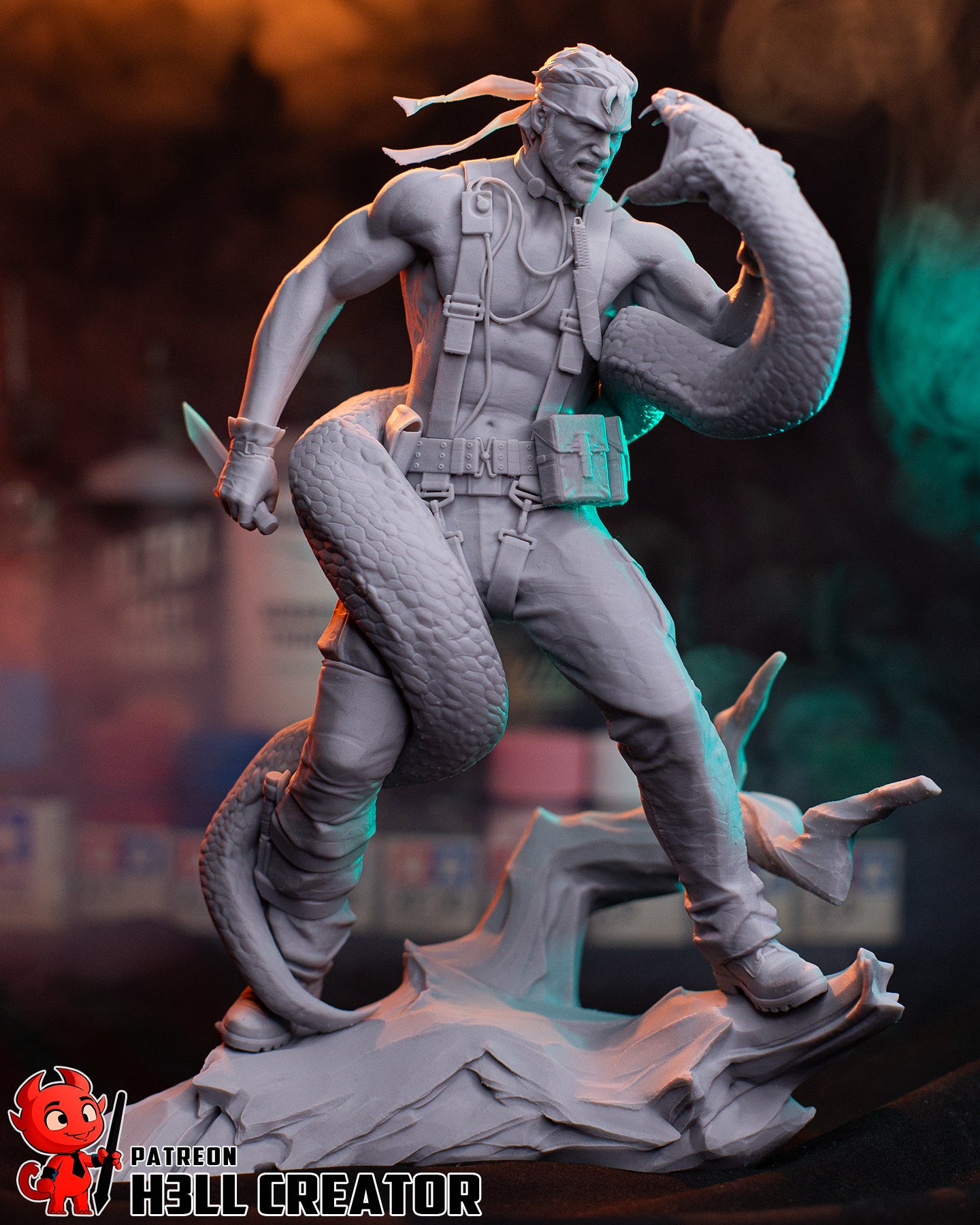 Big Boss Metal Gear Solid 1:8 scale statue unpainted side angle mid-battle pose with serpent wrapped around torso.