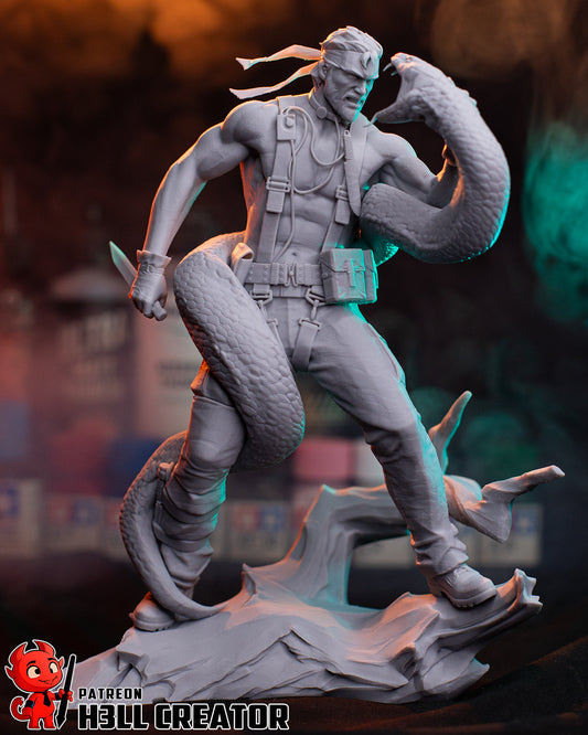 Big Boss Metal Gear Solid 1:8 scale statue unpainted side angle mid-battle pose with serpent wrapped around torso.