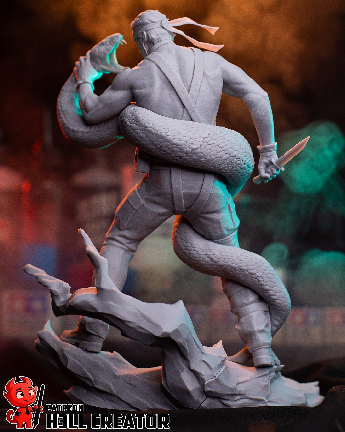 Big Boss Metal Gear Solid 1:8 scale statue unpainted rear angle showing snake coiled around body, knife ready, and rocky base.