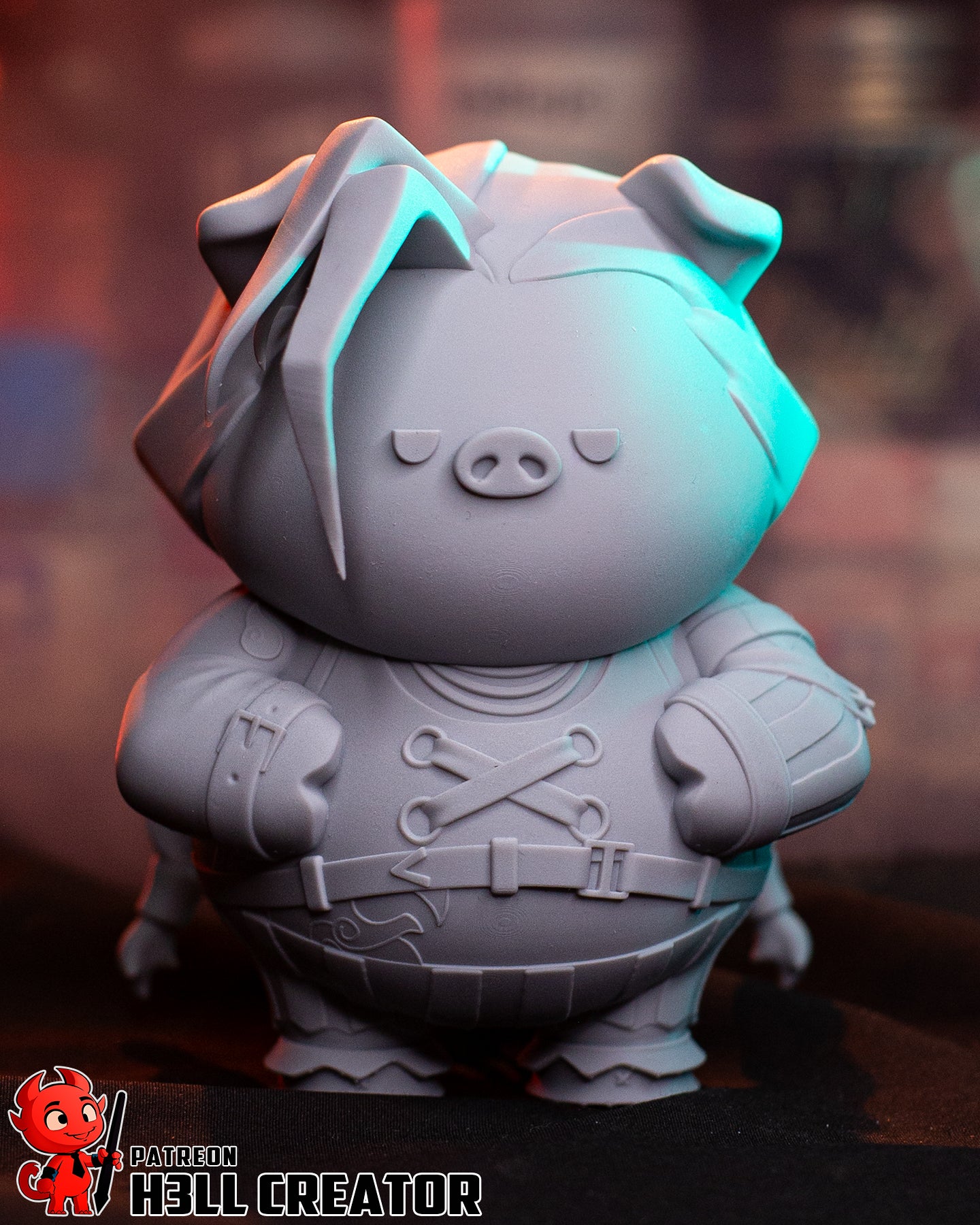 Unpainted Piginx collectible figure front view showing pig parody of Jinx with braids, belt, and armor details.