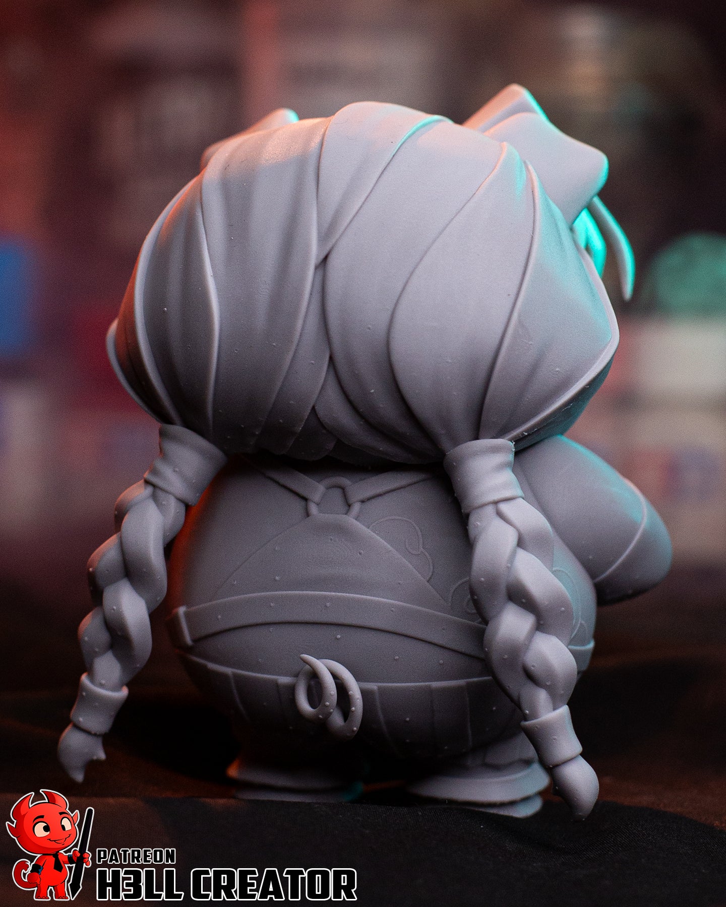 Unpainted Piginx collectible figure rear view showing braided hair, belt straps, and outfit sculpting details.