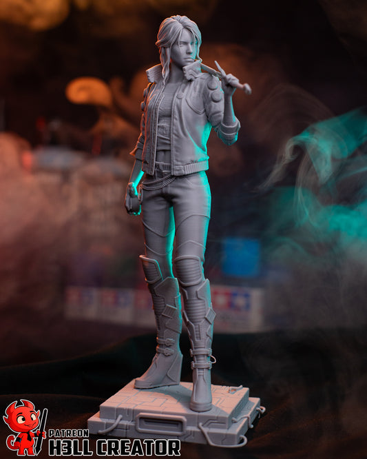 Ciri Cyberpunk 2077 unpainted 1:8 scale statue front view, leather jacket and tactical pants, holding sword across shoulders, futuristic detailing on base.