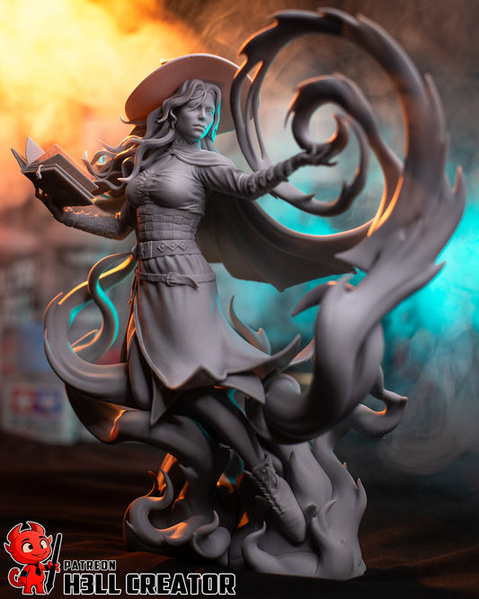 Front view of Tasha statue with arcane energy spirals and confident spellcasting stance – 1:8 scale witch collectible for Dungeons & Dragons and Pathfinder.