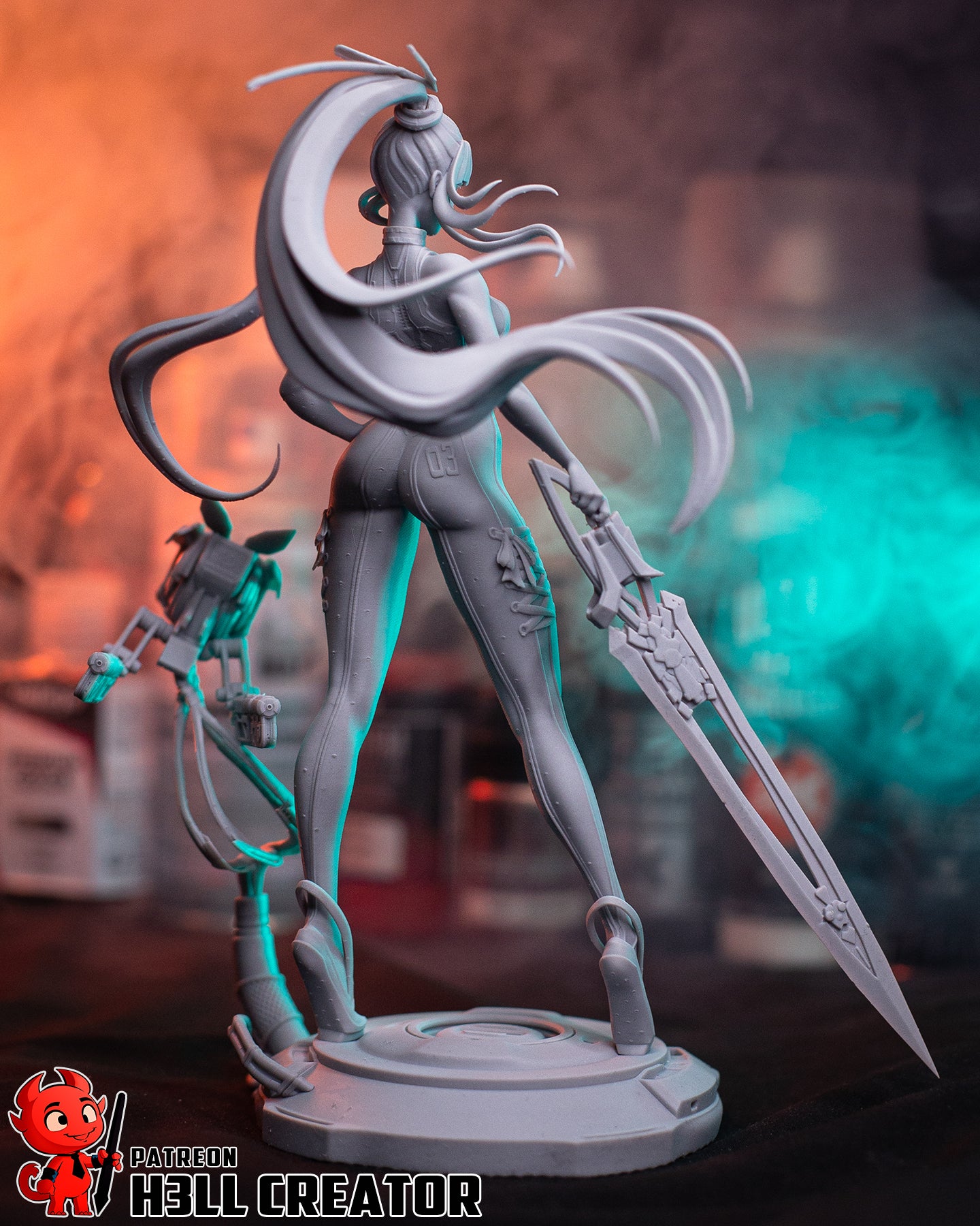 eve stellar blade unpainted statue rear view exosuit details long flowing hair energy sword drone base 1:8 scale collectible dm minis
