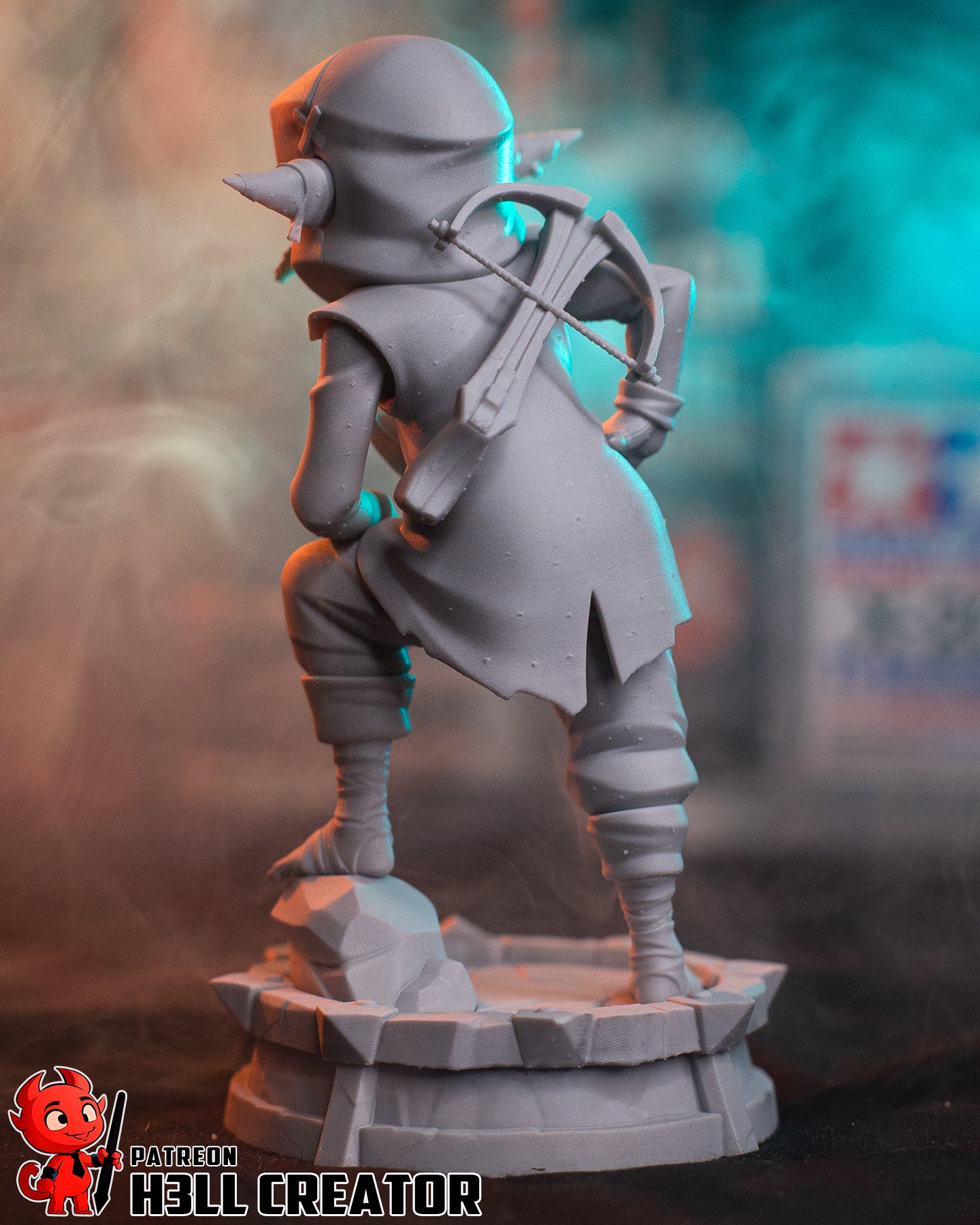 Revvetha Veth Brenatto goblin rogue 1:8 scale figure back view showing hood, quiver, crossbow, and crouched stance on rocky base