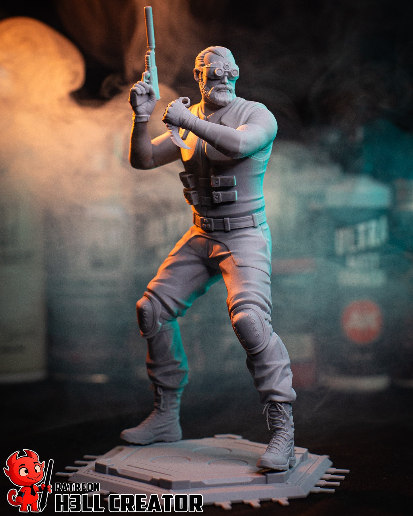 Sam Fisher unpainted collectible figure showing tactical vest, knee pads, suppressed pistol, combat knife grip, and balanced stealth stance