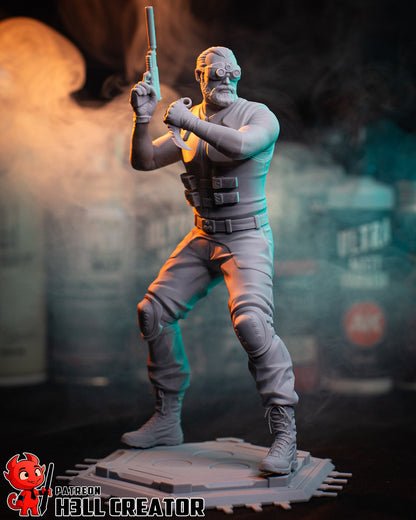 Sam Fisher unpainted collectible figure showing tactical vest, knee pads, suppressed pistol, combat knife grip, and balanced stealth stance