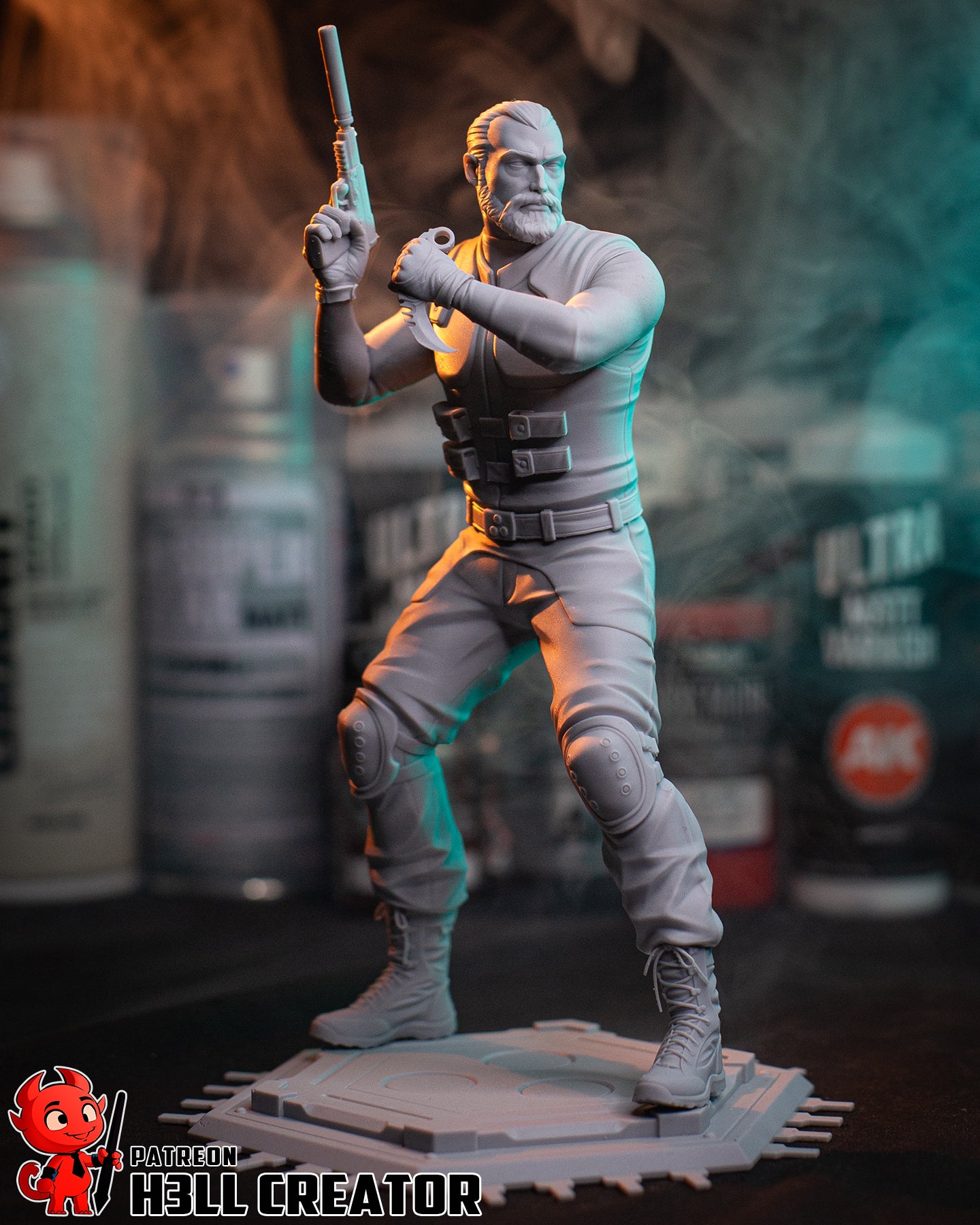 Sam Fisher unpainted stealth operative figure displaying head sculpt detail, layered tactical clothing, and base platform