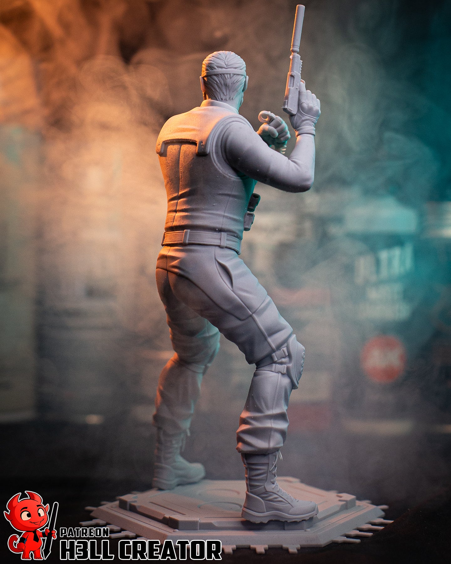 Sam Fisher unpainted Splinter Cell collectible showing rear armor sculpt, tactical belt, holster details, and combat-ready posture