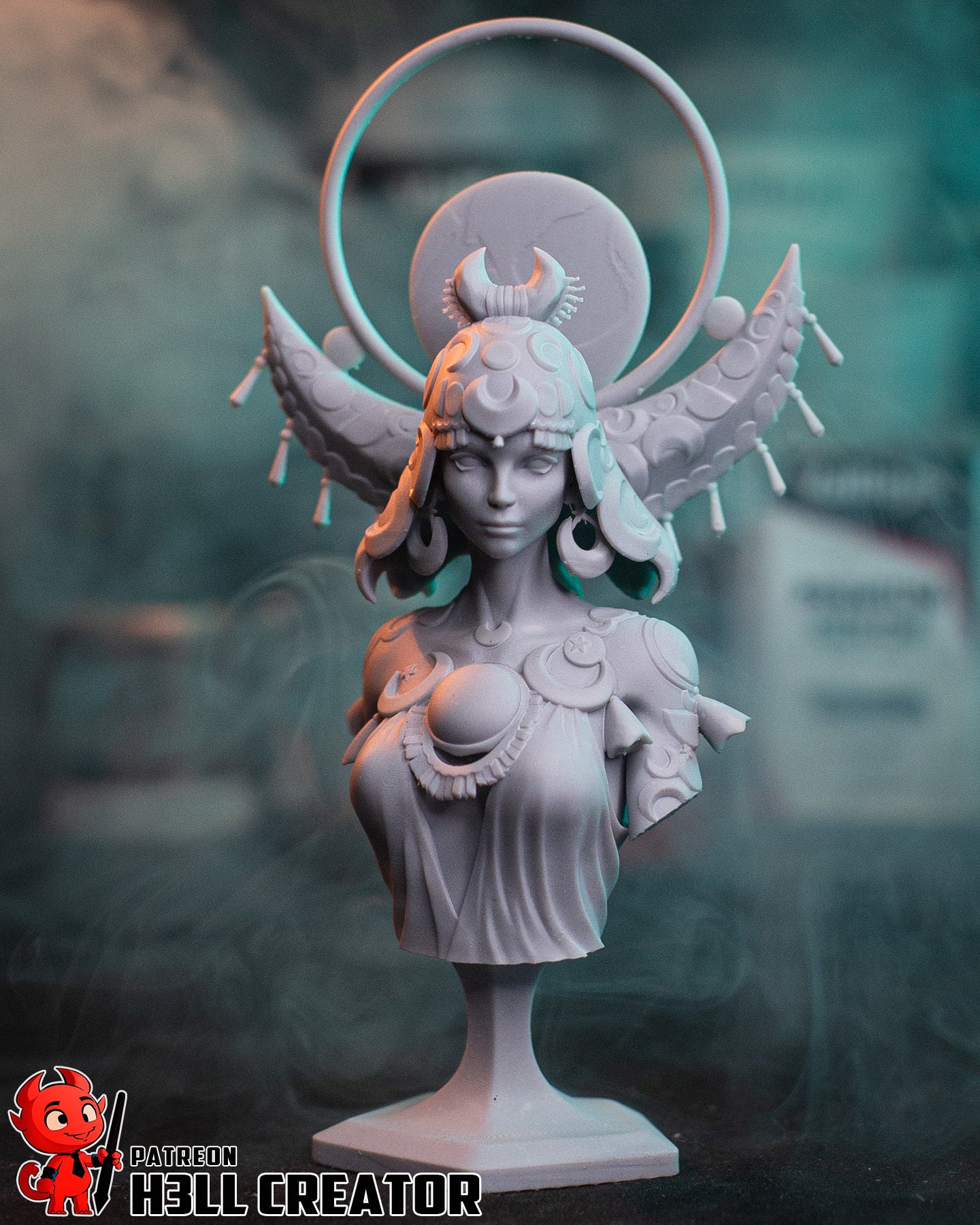 Selene Hades collectible bust featuring lunar halo, celestial headpiece, flowing hair, and goddess facial sculpt on display pedestal