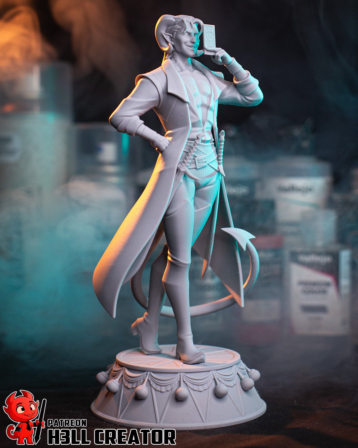 Mollymauk Tealeaf full figure front view long coat tail horns tail base