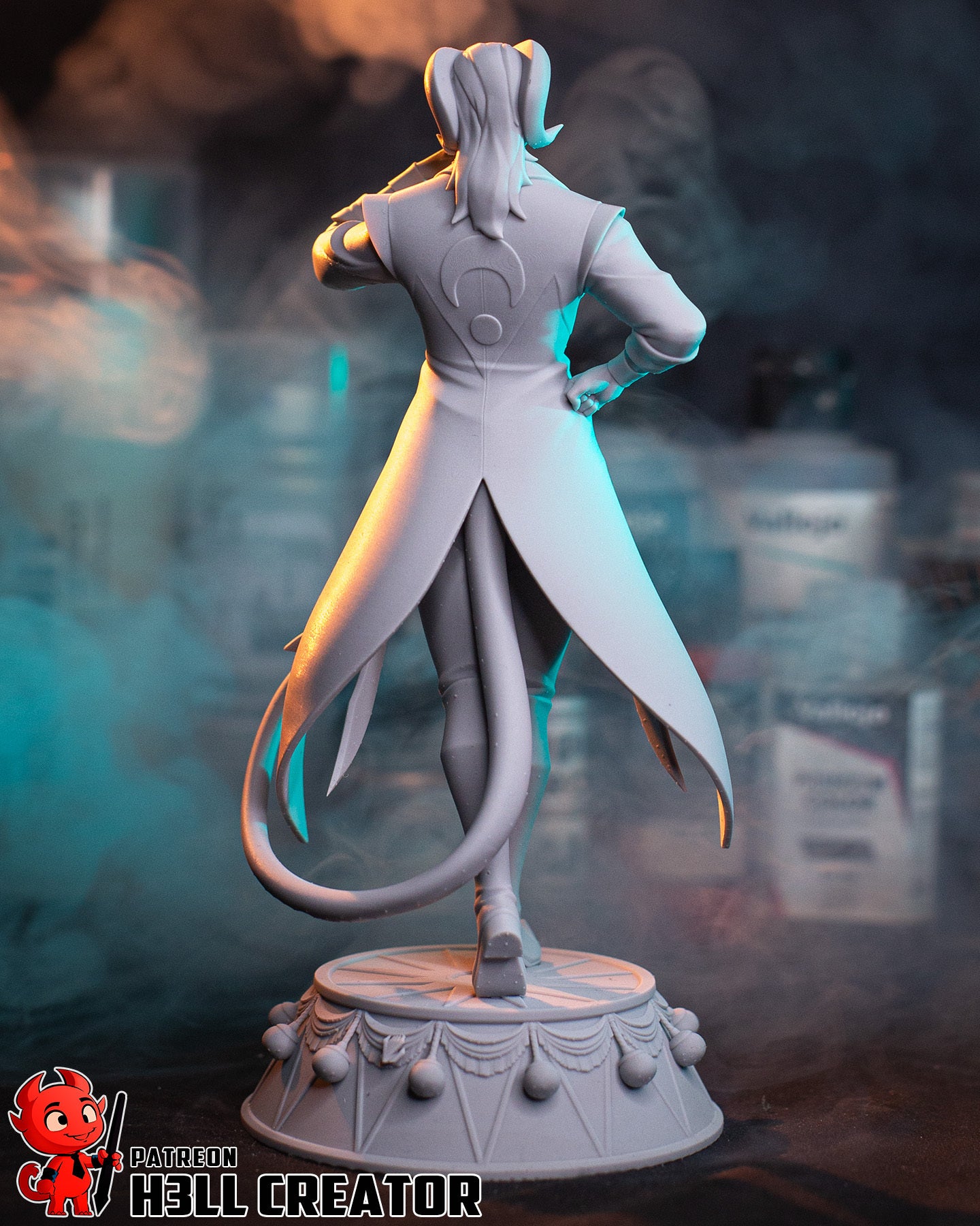 Mollymauk Tealeaf full figure rear view coat symbol tail detail