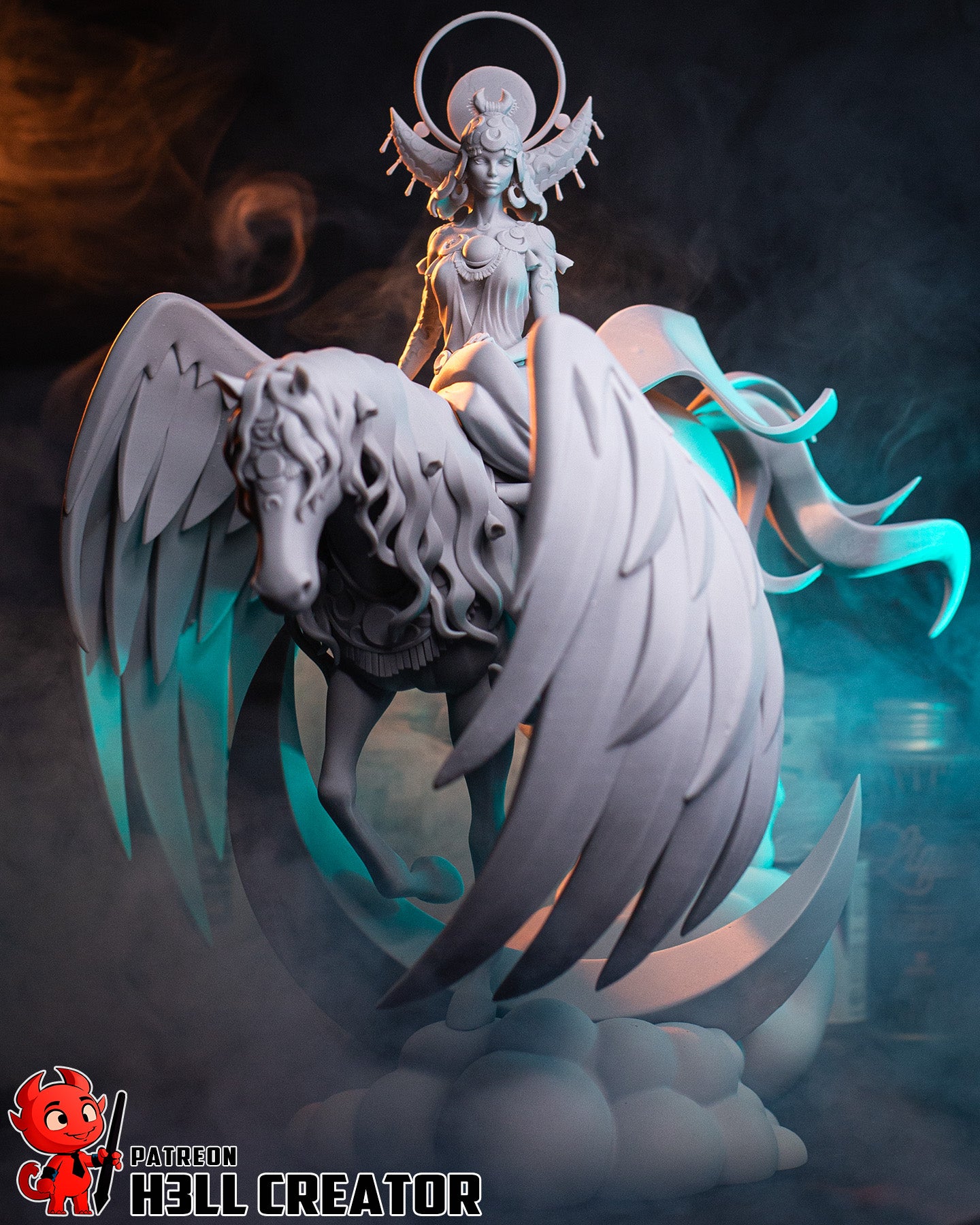 Selene unpainted Hades collectible displaying winged steed, crescent moon support, lunar halo, and balanced mythological pose