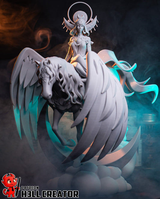 Selene unpainted Hades collectible displaying winged steed, crescent moon support, lunar halo, and balanced mythological pose