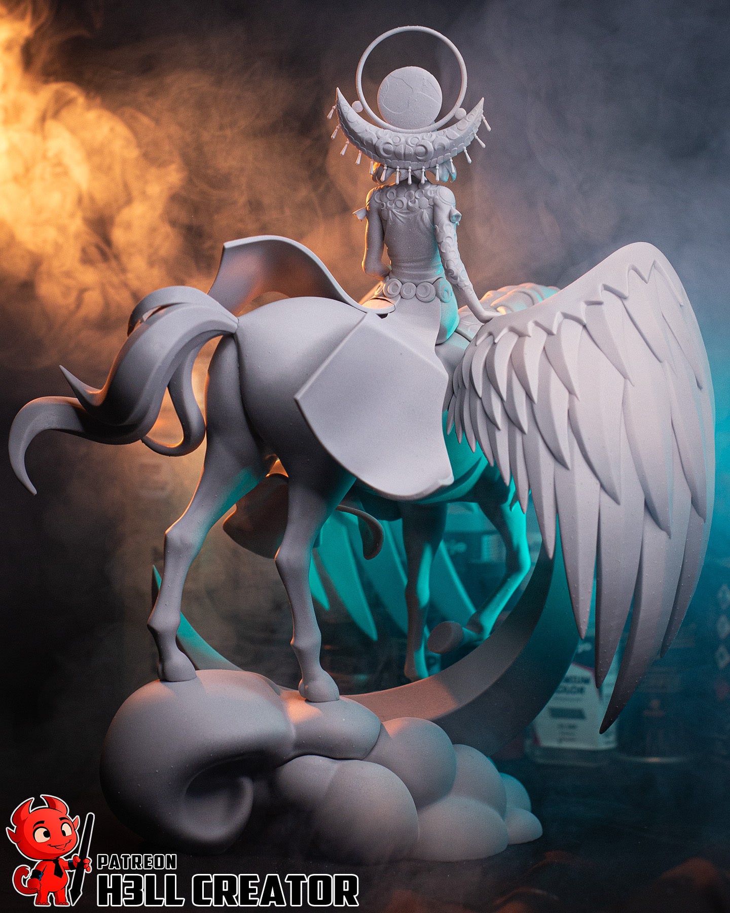 Selene unpainted collectible statue showing rear sculpt of winged horse, crescent moon base, draped robes, and celestial ornament details