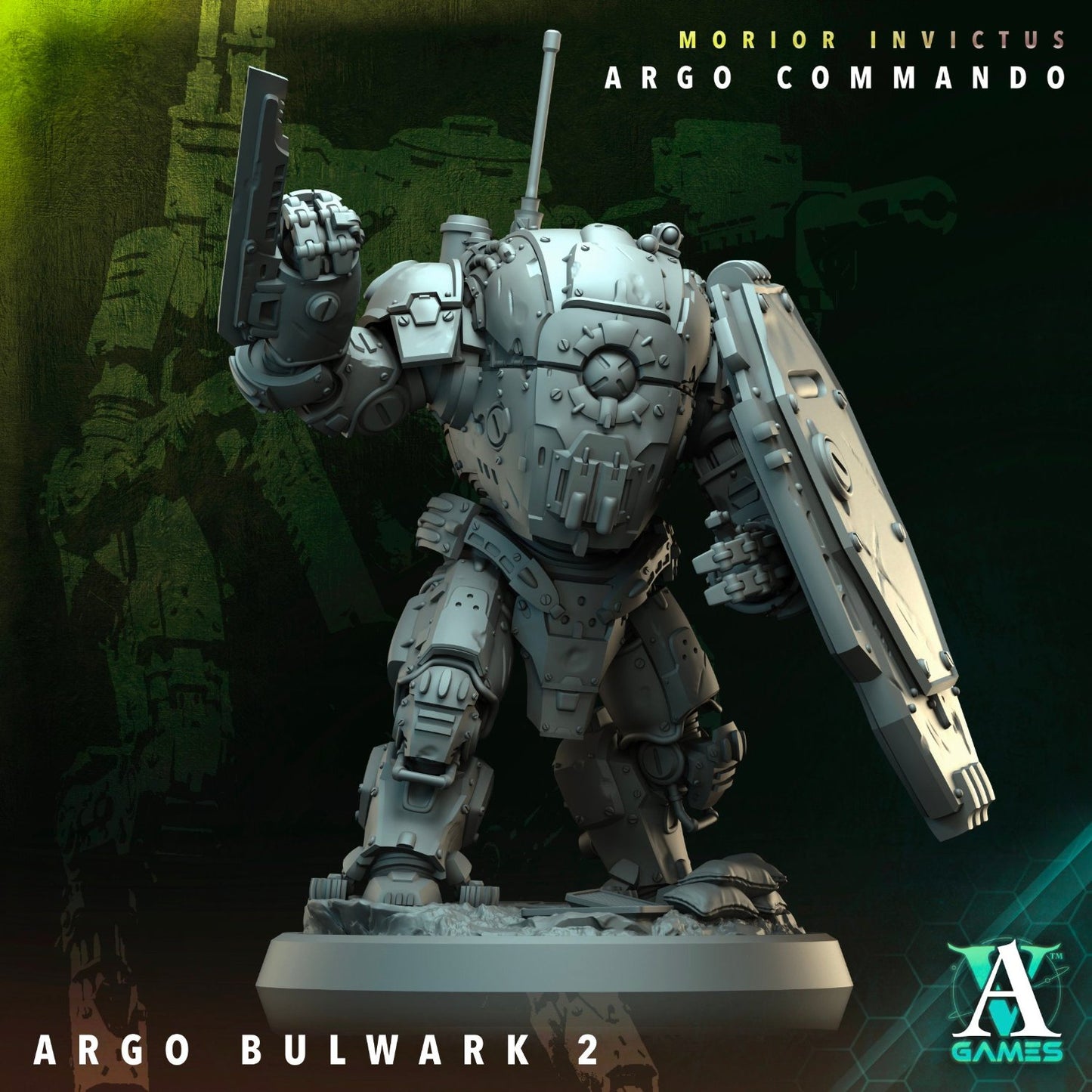 Armored mech shown in an active stance with a raised shield and close-combat blade, ready for intense encounters in sci-fi wargaming.