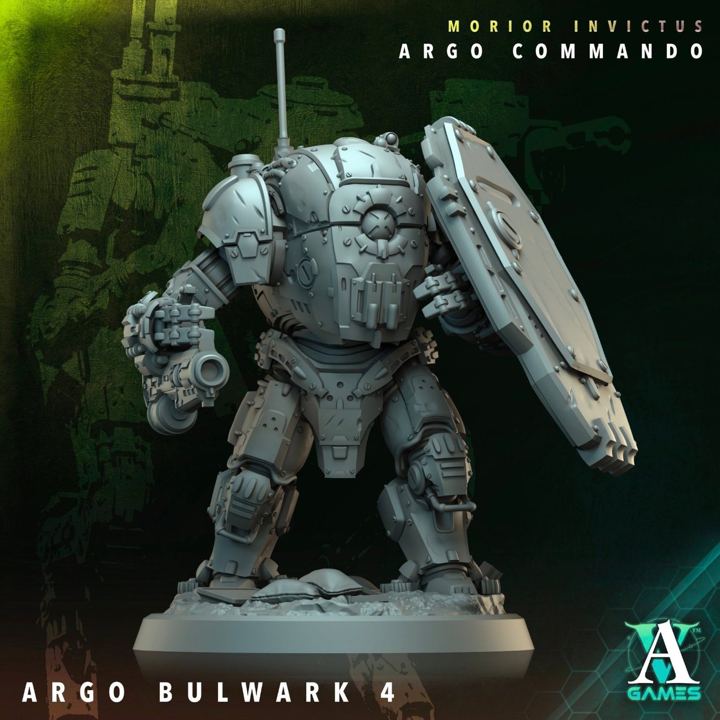 Argo Bulwark, highlighting its heavy armor and defensive posture, perfect for sci-fi wargaming scenarios.