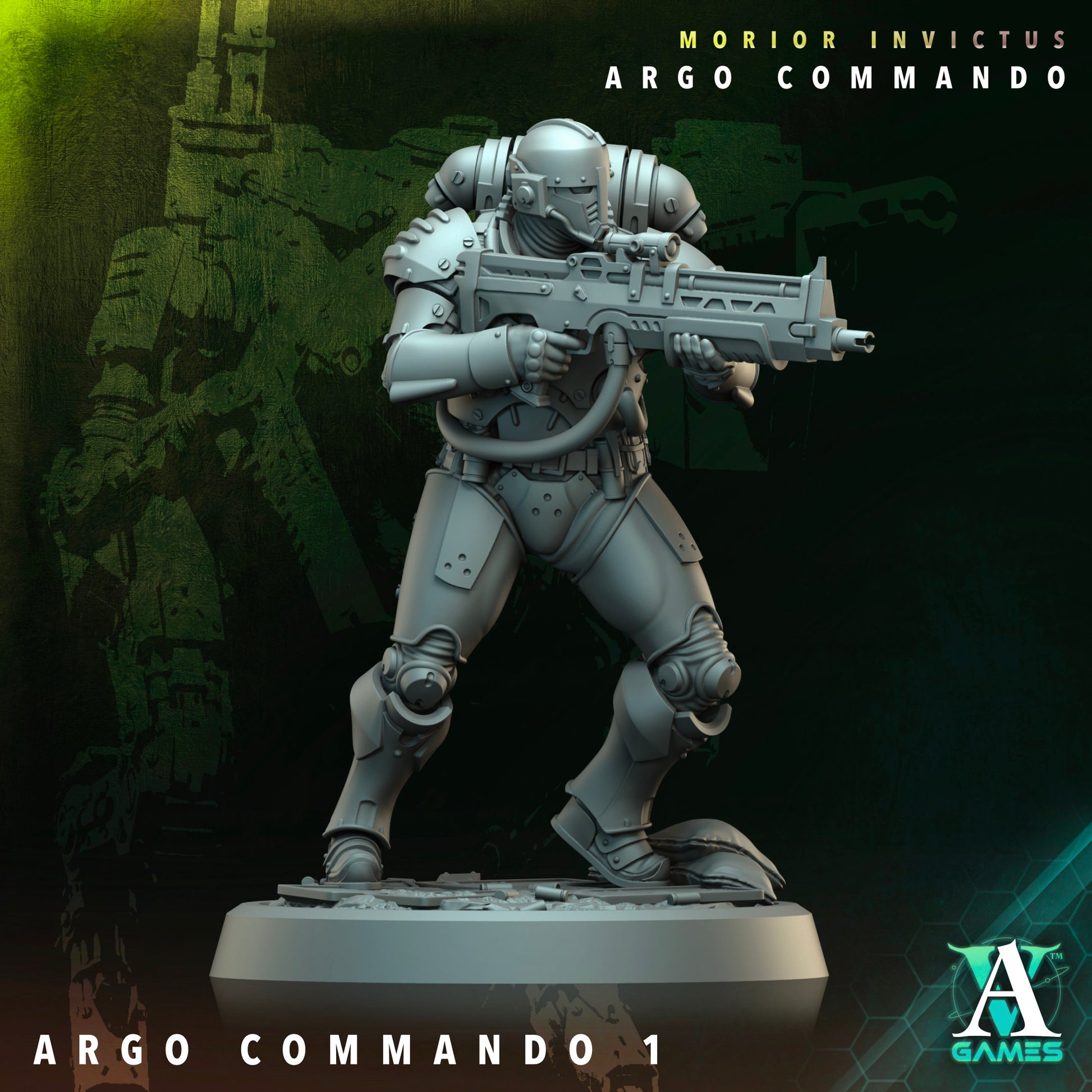  An armored commando holding a heavy rifle, posed in a ready stance, ideal for futuristic sci-fi tabletop battles.