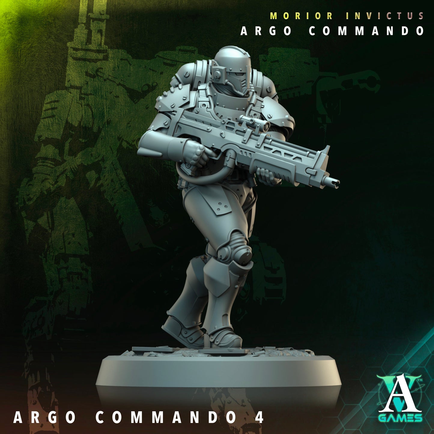 Armored commando holding a rifle, standing in a guarded stance, suitable for intense tabletop RPG encounters.