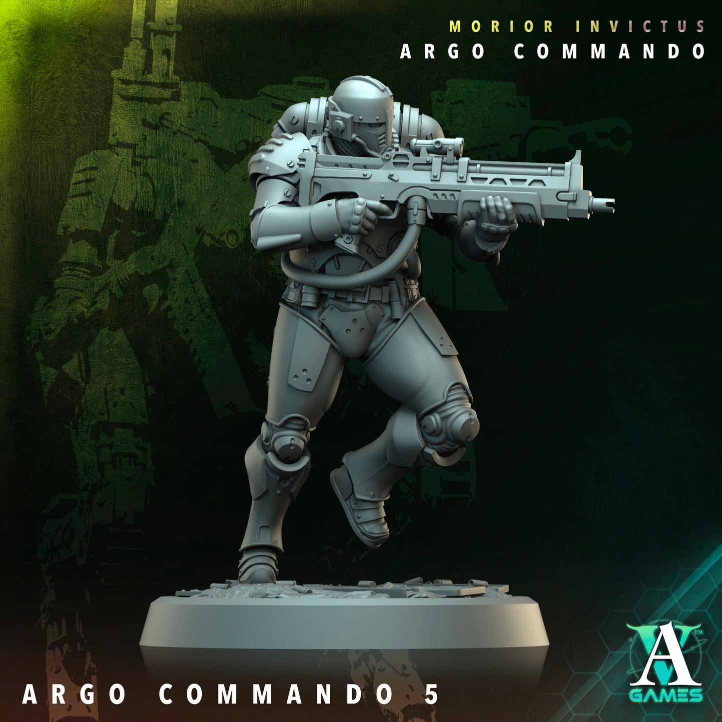 Soldier in full armor aiming a rifle, ready for action in sci-fi tabletop battles.