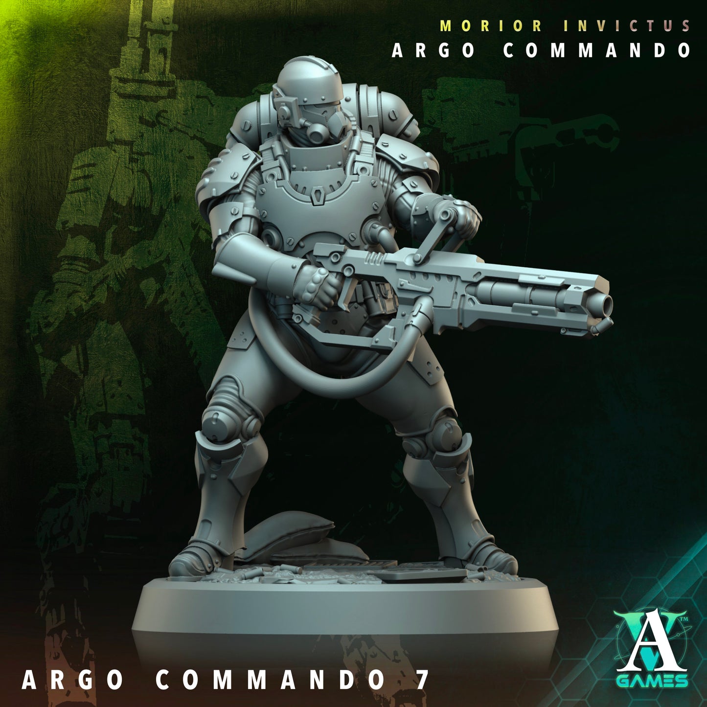 A heavily armored commando holding a large weapon, ideal for close-range sci-fi combat.