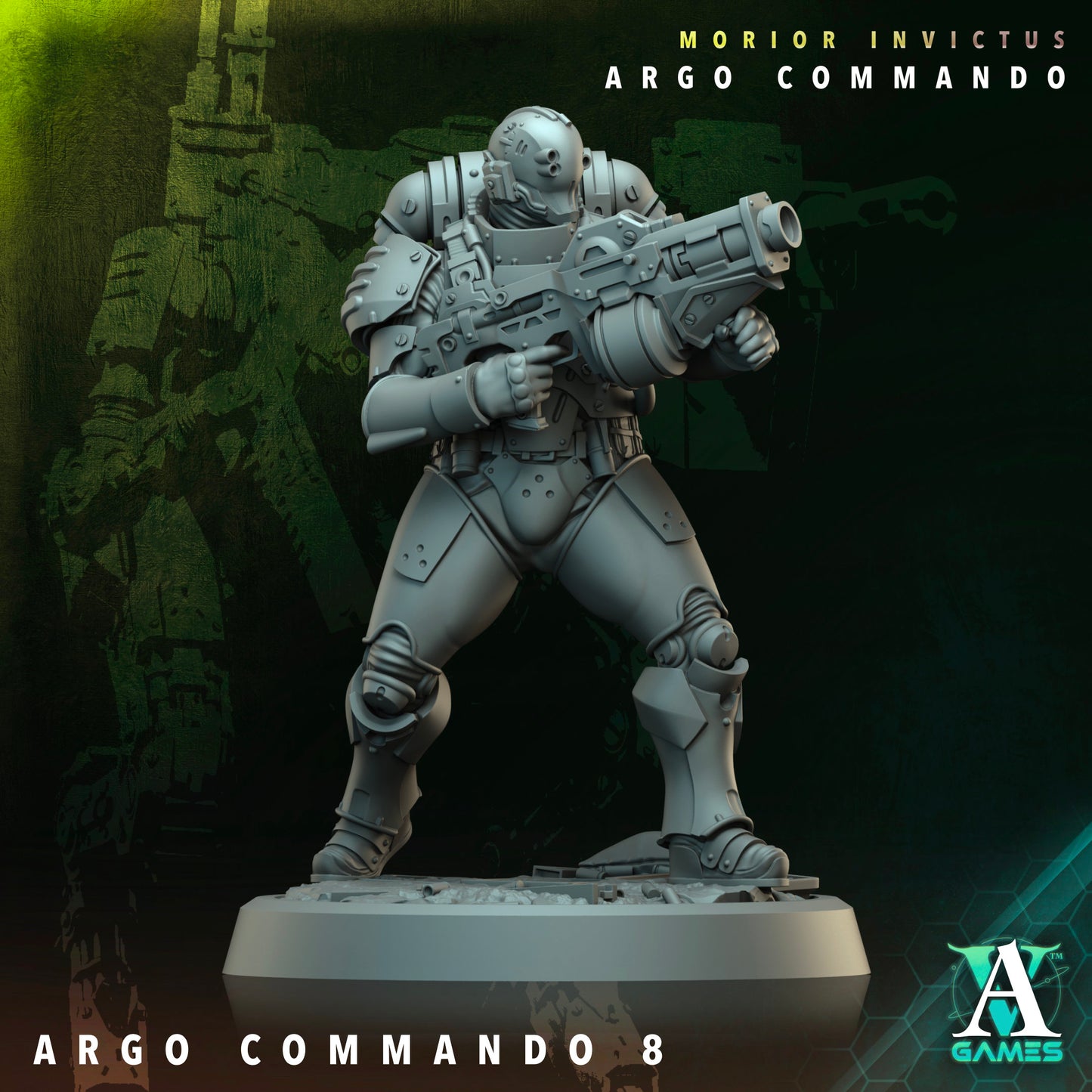 Commando soldier wielding an assault cannon, prepared for high-intensity sci-fi tabletop battles.