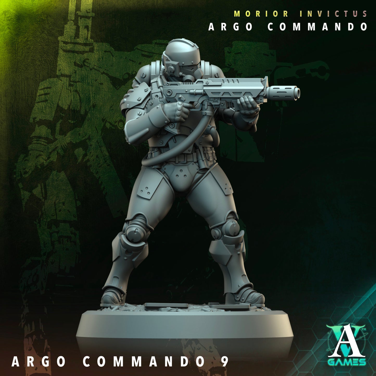 An elite commando aiming a rifle, suited for intense engagements in futuristic tabletop RPGs.