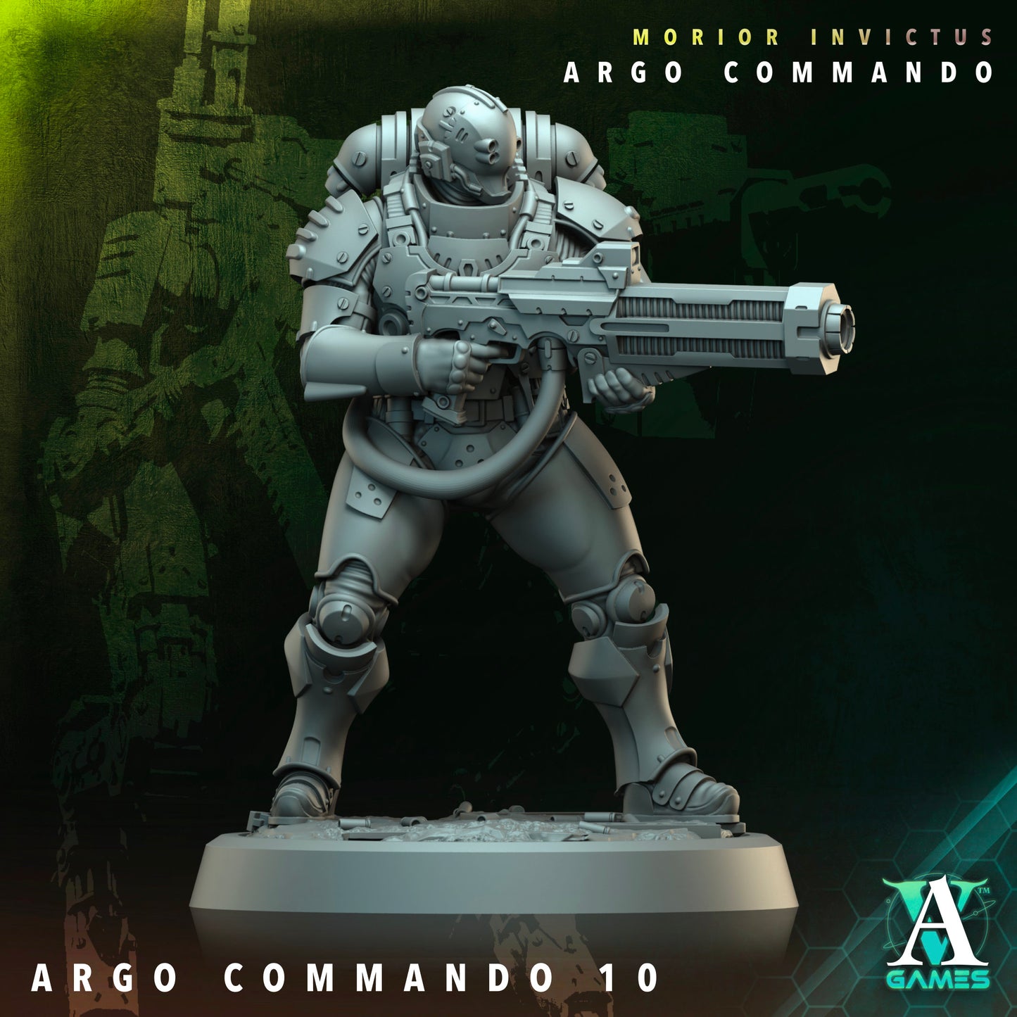 A commando in reinforced armor wielding a heavy weapon, standing in a defensive posture for sci-fi combat scenarios.