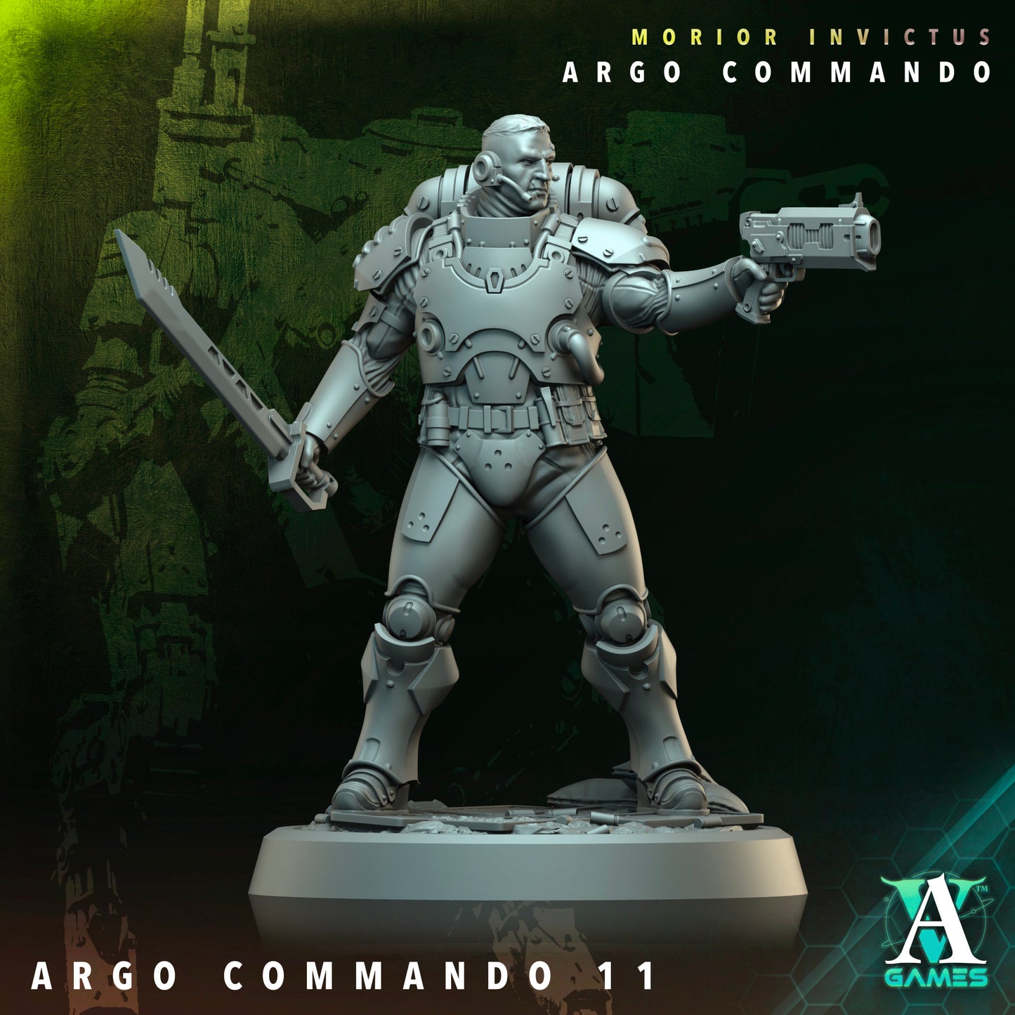 Armored commando holding a combat blade in one hand and a sidearm in the other, posed in a ready stance, suitable for close-quarters combat in sci-fi tabletop games.