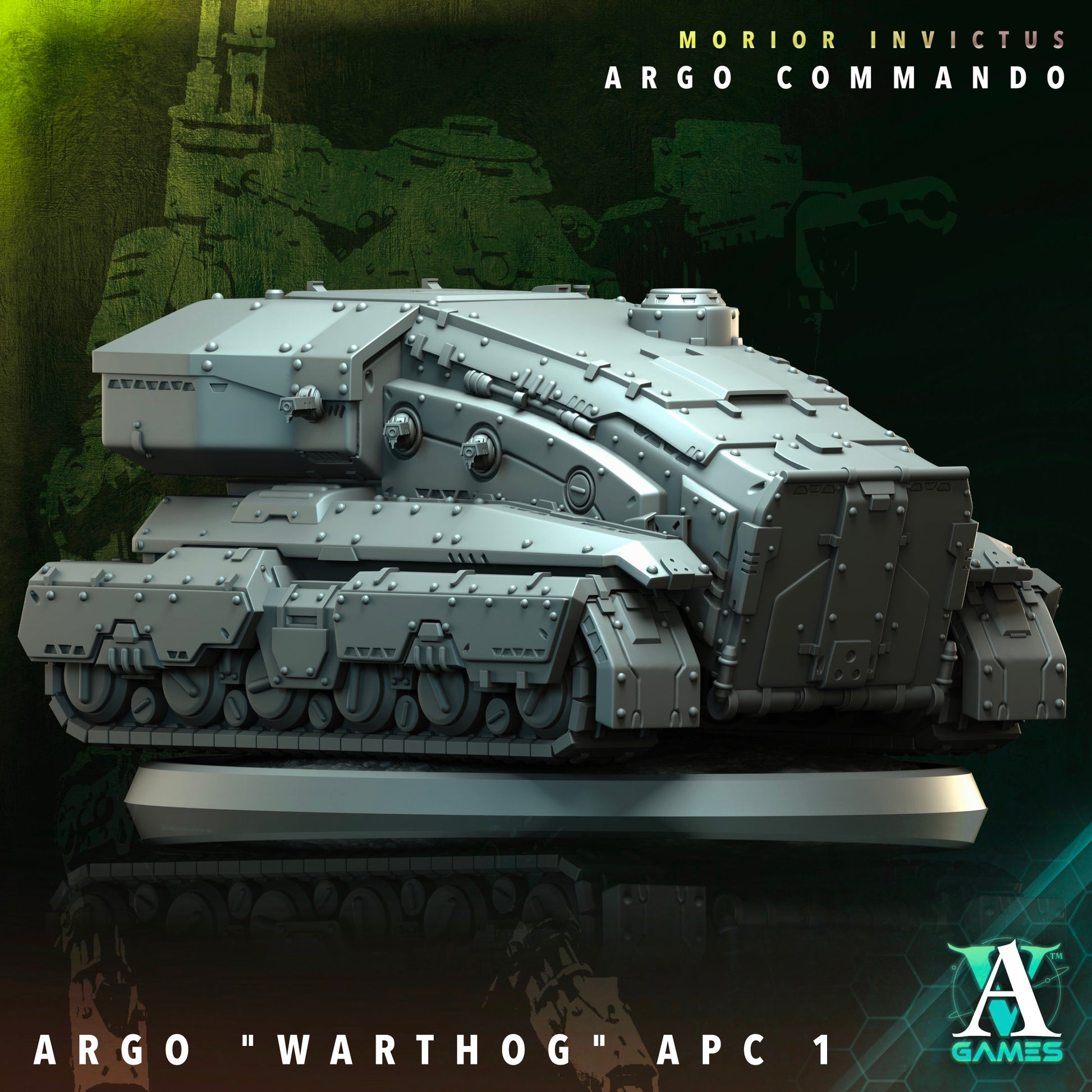 A heavy-duty sci-fi armored personnel carrier with reinforced plating, robust treads, and a powerful, sleek design, suitable for futuristic tabletop wargaming.