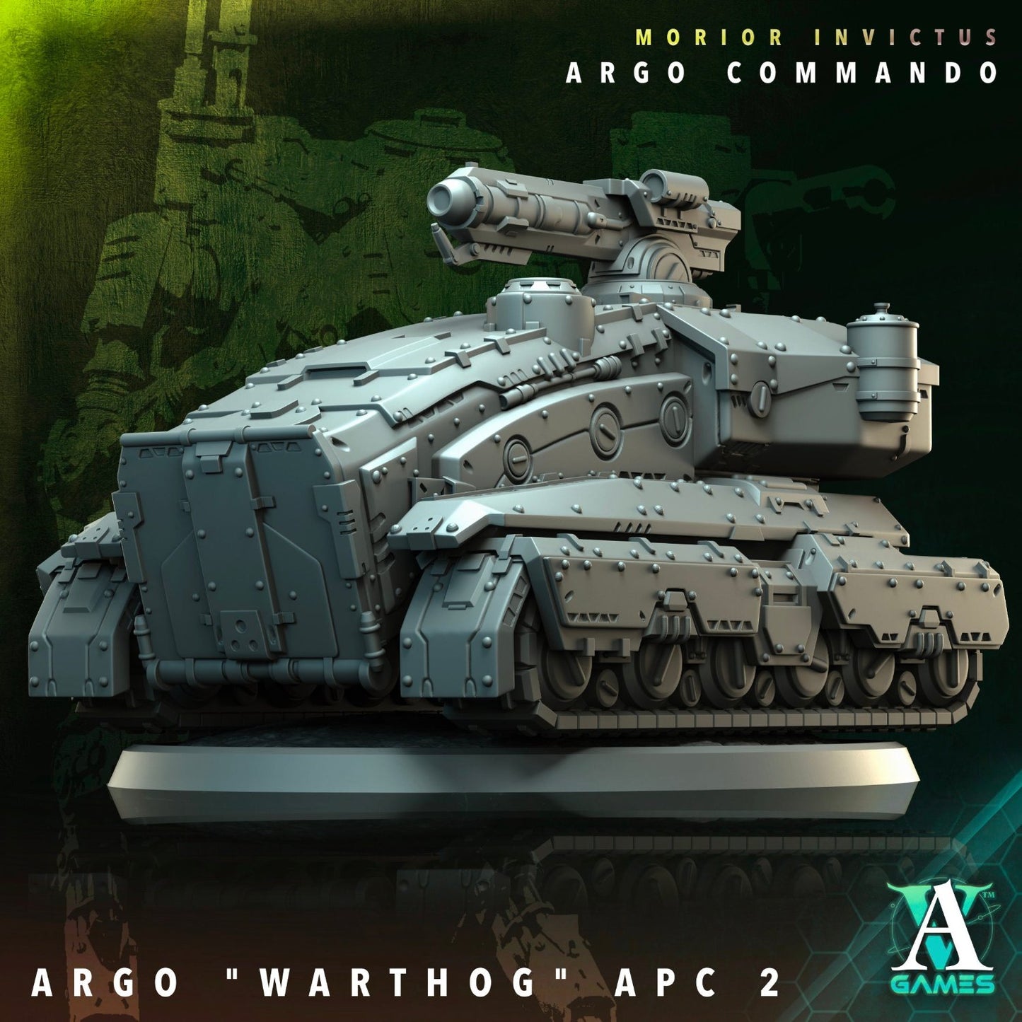 An angled depiction of the Argo "Warthog" APC showing a mounted turret, detailed armor, and reinforced treads, ideal for sci-fi wargaming environments.