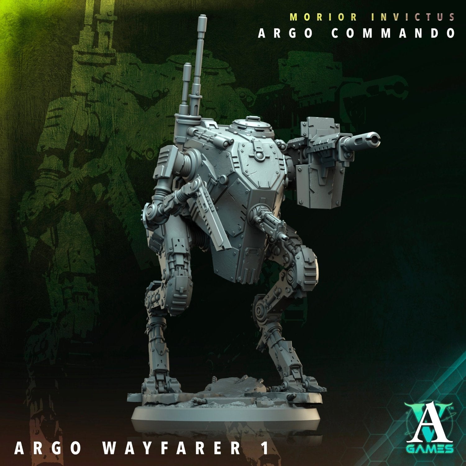 Argo Wayfarer mech showcasing advanced weaponry and detailed armor, set in a ready-for-action pose for sci-fi TTRPG scenarios.