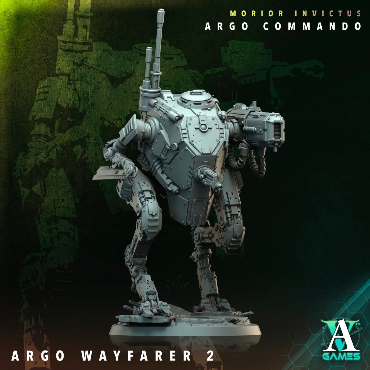 A robust, heavily armored bipedal mech with reinforced plating and mounted weapons, positioned in a combat-ready stance, ideal for sci-fi tabletop wargaming.