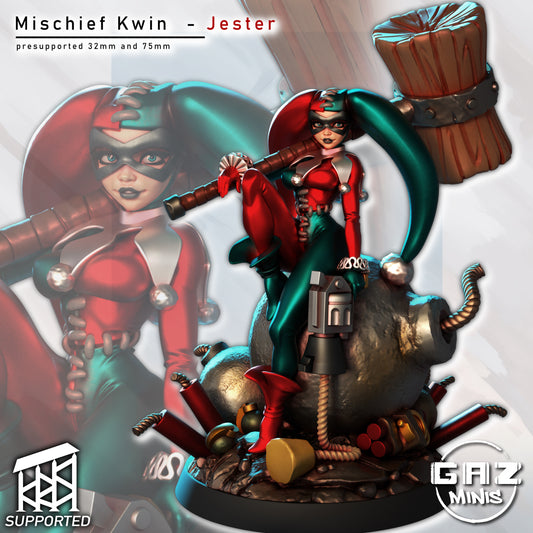 Painted render of Mischief Kwin jester miniature featuring red and black costume and playful expression.