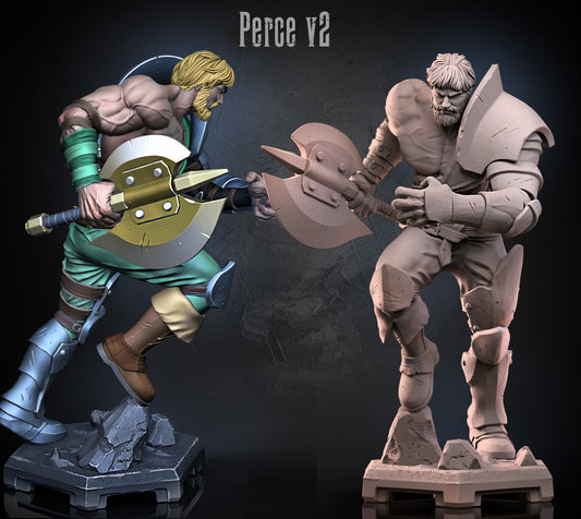 Arcade-inspired knight Perceval v2 miniature charging forward with raised axe and broken stone base