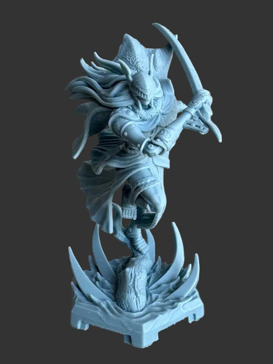 Malenia inspired physical miniature showing female armored swordmaster with curved blade, layered robes, flowing hair, winged helm, and dynamic attack stance on a thorn-like base; suitable for D&D, Pathfinder, and fantasy RPG displays.