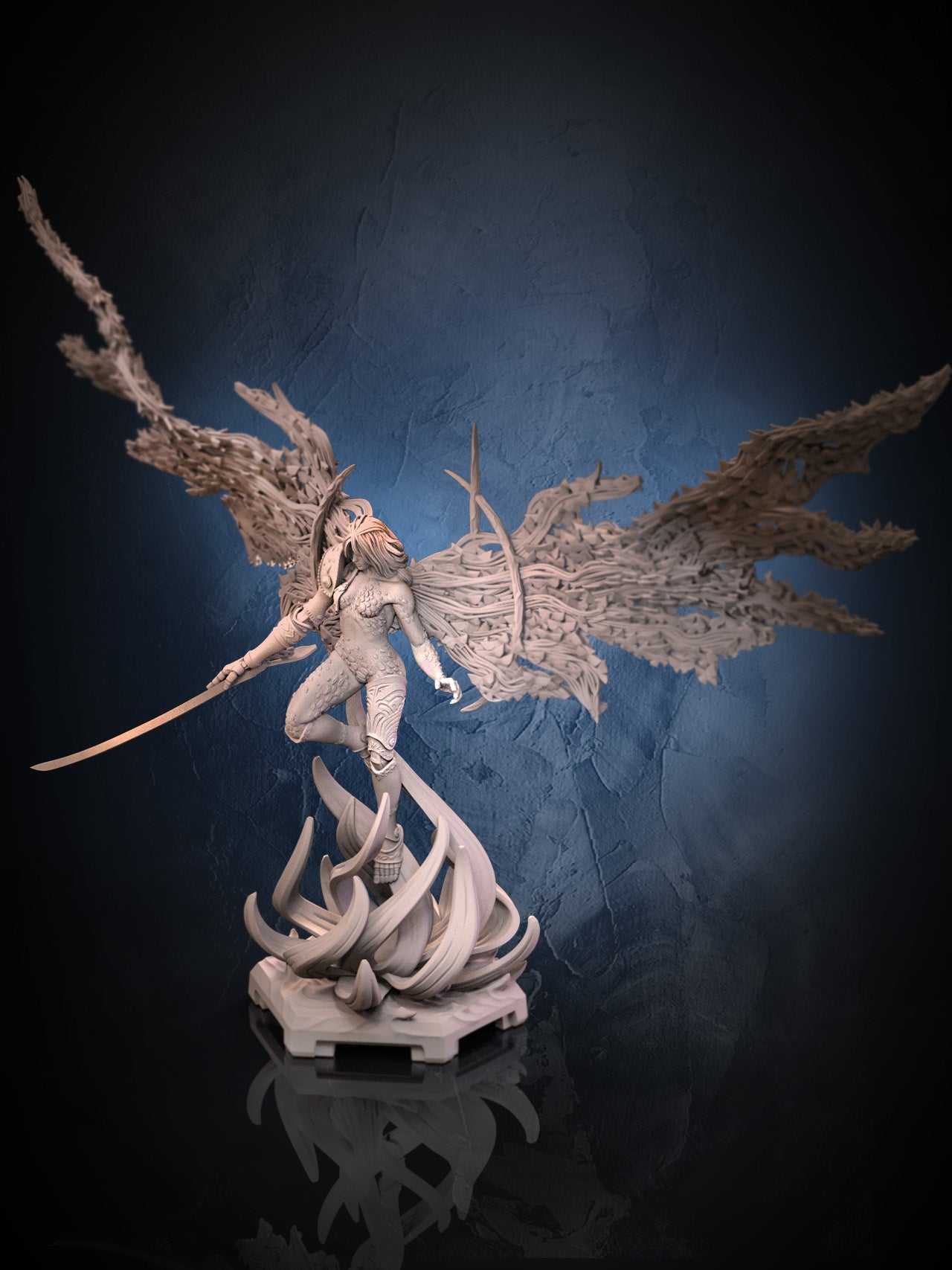 Malenia winged boss form side view showing layered rot wings and flowing hair