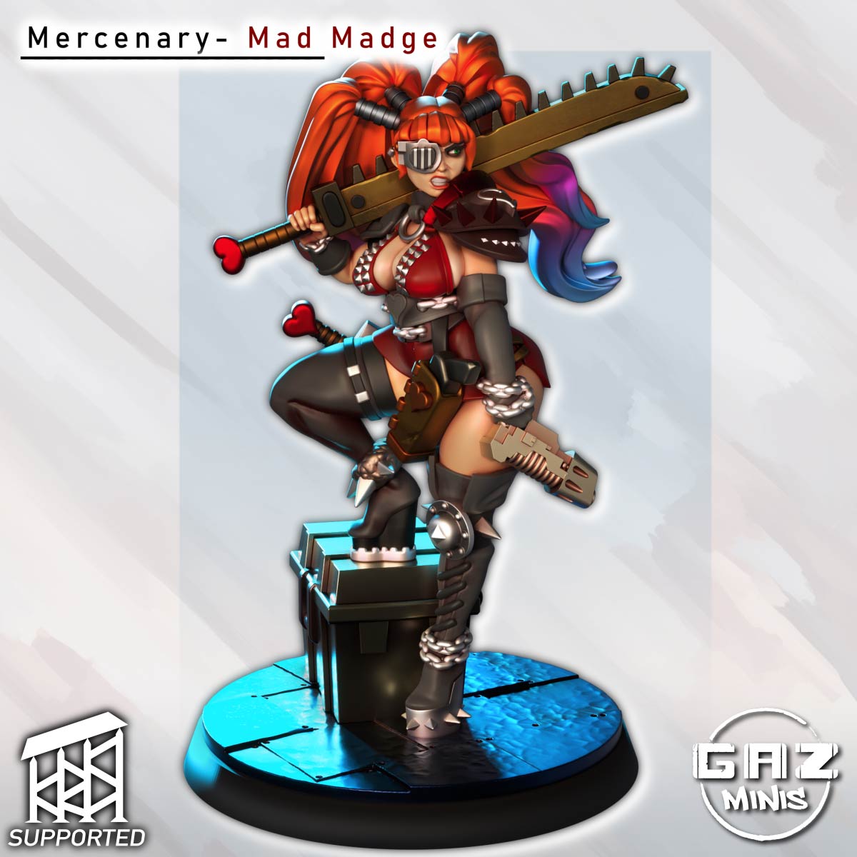 Mad Madge front view standing on crate with heart-blade chainsword over shoulder and eyepatch.