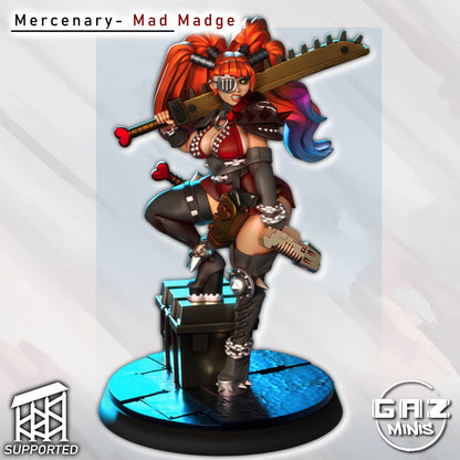 Mad Madge front view standing on crate with heart-blade chainsword over shoulder and eyepatch.