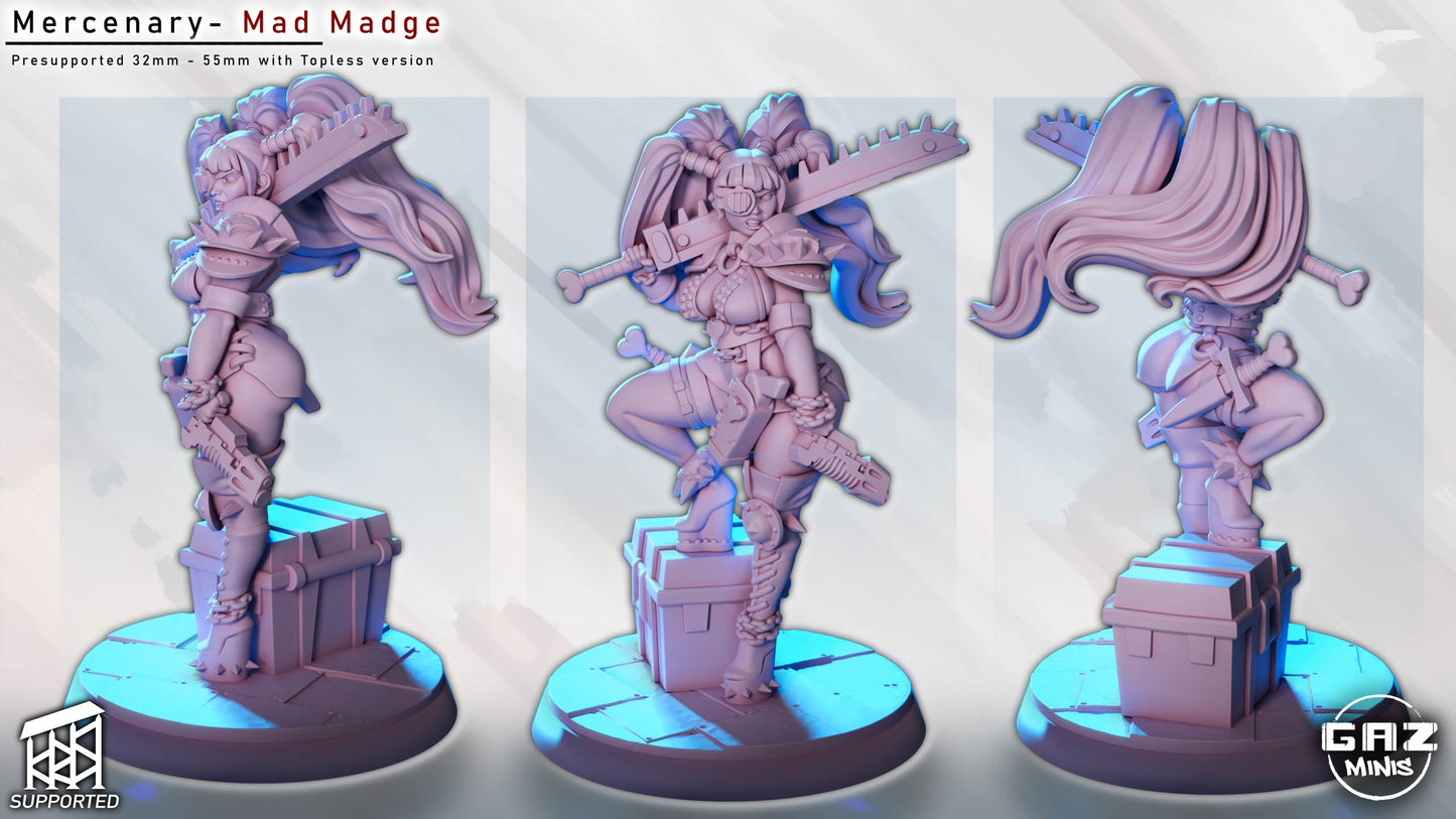 Unpainted version of Mad Madge in 3 angles, showing chainsword, pistol, and hair sculpt.