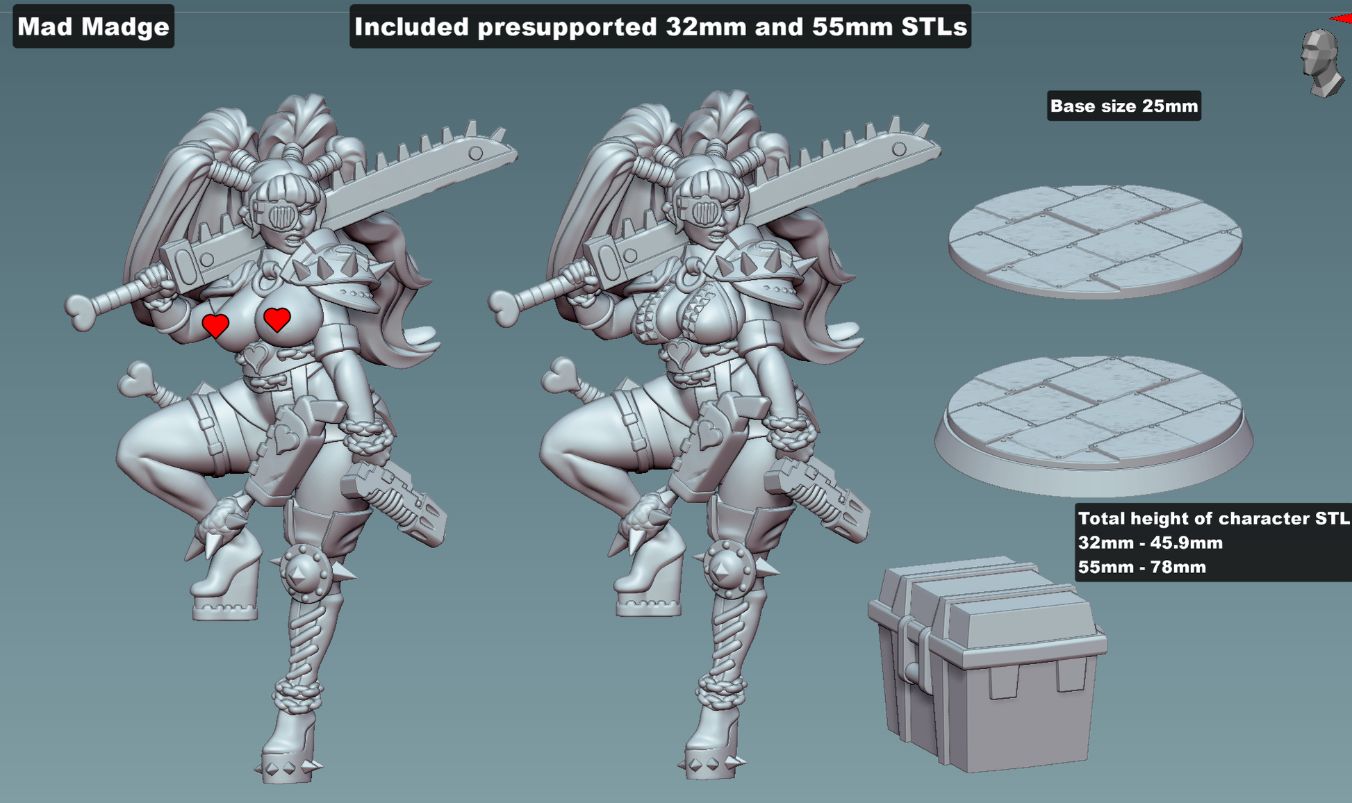 STL render showing SFW and NSFW versions of Mad Madge, with base options and crate prop.